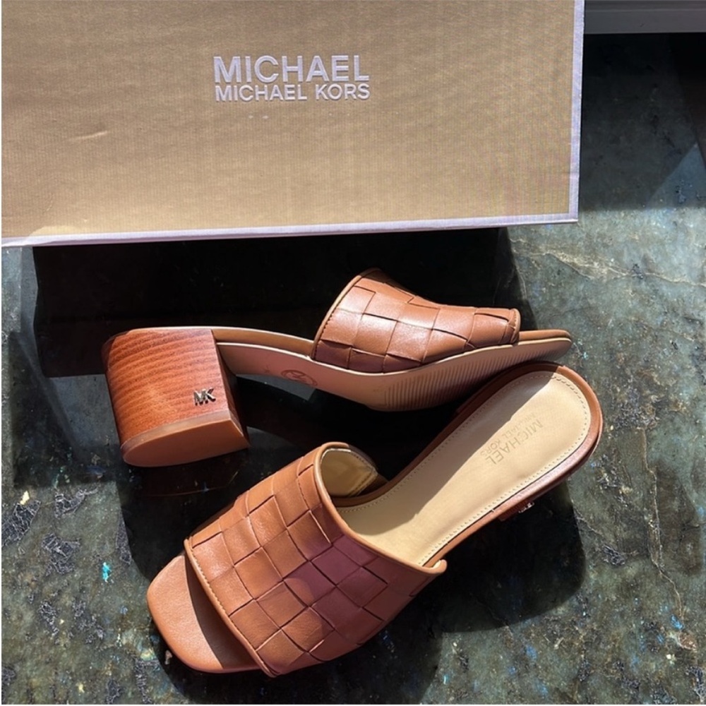 Michael Kors Cognac Woven Leather Block Heel Mule - Picture 2 of 5